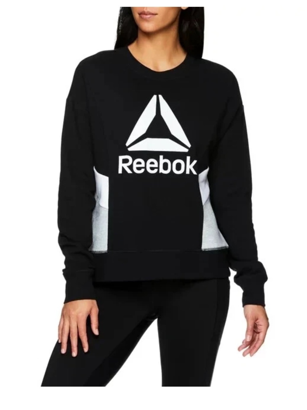 Reebok Black Sweatshirt Sz L White Logo & Side Panels Long Sleeves Athletic